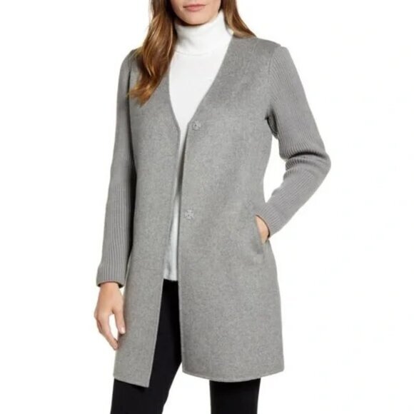 Kenneth Cole Wool-Blend Peacoat/Car Coat With Rib Knit Sleeves L Gray - Picture 1 of 15